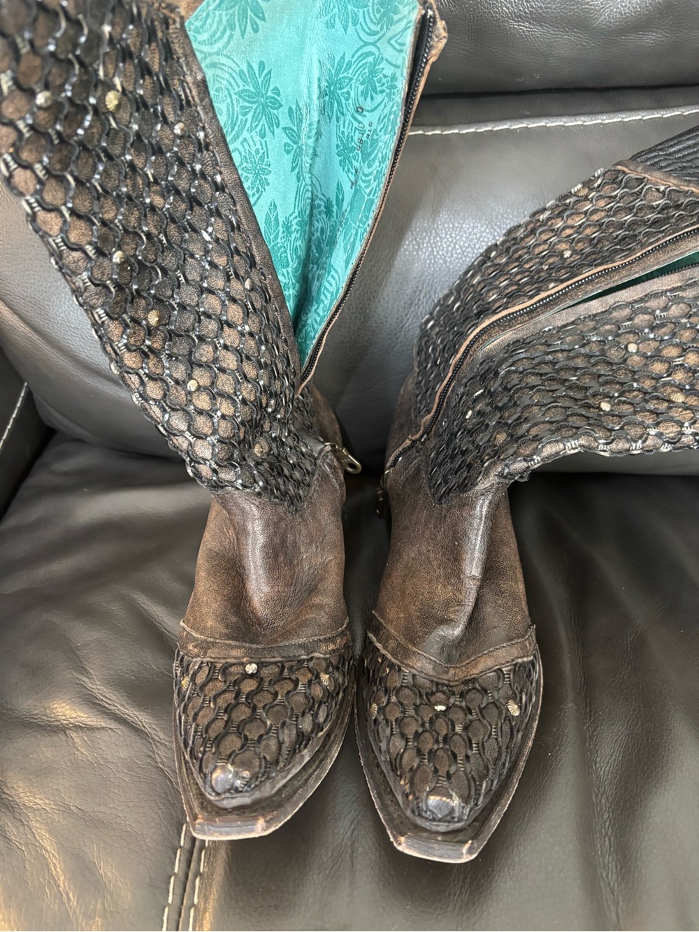 Women's Corral Brown Leather Mesh Mid-Calf Boots size 7